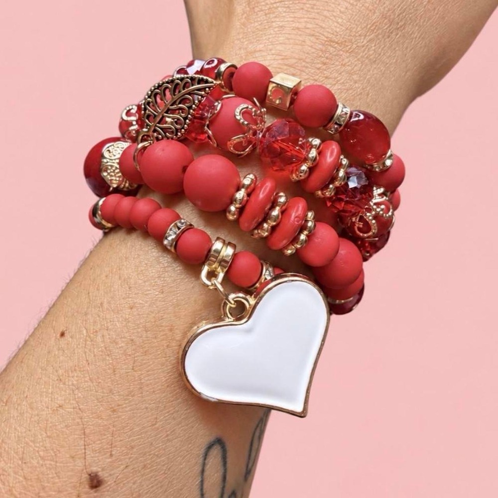 Red Beaded Boho Bracelet Stack